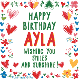 A colorful animated card for Ayla’s birthday featuring playful hearts, cheerful flowers, and a handwritten message wishing smiles and sunshine.