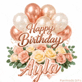 A bouquet of pastel roses and green leaves with Happy Birthday Ayla animation