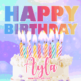 A vibrant animated name GIF with the words 'Happy Birthday Ayla' with colorful candles on a creamy cake. The background sparkles with pastel shades, adding a festive touch.