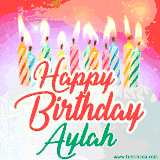 Bright birthday candles with rainbow flames on a cake, alongside the text 'Happy Birthday Aylah' in vibrant script in this celebratory animated GIF.
