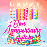 A white birthday cake covered in colorful sprinkles, topped with bright candles, and French text 'Bon Anniversaire Aylah' on a pastel gradient background in an animated GIF.