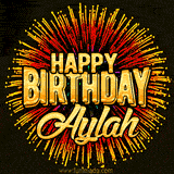 Golden 'Happy Birthday Aylah' text accompanied by animated rainbow fireworks for a festive animated greeting.