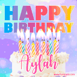 A vibrant animated name GIF with the words 'Happy Birthday Aylah' with colorful candles on a creamy cake. The background sparkles with pastel shades, adding a festive touch.