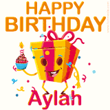 A vibrant and funny gift box character with a happy face dancing with a cupcake and the text 'Happy Birthday Aylah,' surrounded by animated confetti and party vibes.