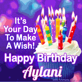 A colorful birthday GIF for Aylani featuring a cupcake with vibrant lit candles and the text 'It's Your Day to Make a Wish! Happy Birthday Aylani' in bold letters on a festive purple background.