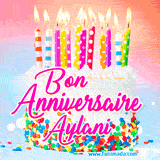 A white birthday cake covered in colorful sprinkles, topped with bright candles, and French text 'Bon Anniversaire Aylani' on a pastel gradient background in an animated GIF.