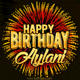 Golden 'Happy Birthday Aylani' text accompanied by animated rainbow fireworks for a festive animated greeting.