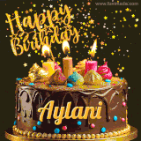 A delightful chocolate birthday cake with bright candles and 'Happy Birthday Aylani' written in gold amidst a shower of animated stars.
