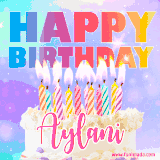 A vibrant animated name GIF with the words 'Happy Birthday Aylani' with colorful candles on a creamy cake. The background sparkles with pastel shades, adding a festive touch.