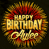 Golden 'Happy Birthday Aylee' text accompanied by animated rainbow fireworks for a festive animated greeting.