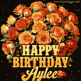 Animated bouquet of orange roses with moving butterfles and golden 'Happy Birthday Aylee' text, surrounded by sparkling accents and a dark backdrop for a luxurious feel.