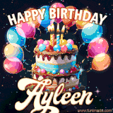 Bright birthday animation for Ayleen with a chocolate cake, candles, balloons, and glowing celebratory lights.