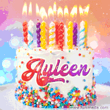 A cheerful white birthday cake with multicolor sprinkles, lit candles, and 'Ayleen' written in vibrant letters, in an animated GIF.