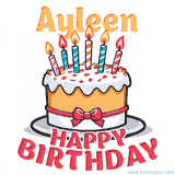 Cartoon birthday cake with a red bow, glowing candles, and 'Ayleen Happy Birthday' text in bold animated style.