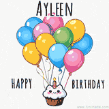 An adorable and cute cupcake with a smiley face and moving colorful balloons create a joyful birthday greeting for Ayleen in this cheerful animated greeting E-card.