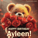 Cinematic style cute animated teddy bear with charming features holding a large bouquet of red roses, the words say 'Happy Birthday Ayleen' in sans serif font.