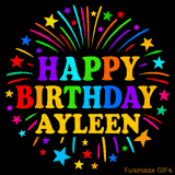 Personalized greeting card with name, colorful text that says 'Happy Birthday Ayleen' surrounded by animated fireworks and multicolor stars