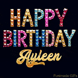 Vibrant luxury birthday greeting card for Ayleen, showing glittering gemstone letters and golden calligraphy on a dark background with twinkling shine effects.