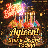 Yellow script spelling the name Ayleen! on a classic chocolate cake under a glowing pink neon Happy Birthday sign.