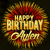 Golden 'Happy Birthday Aylen' text accompanied by animated rainbow fireworks for a festive animated greeting.