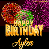 A golden 'Happy Birthday Aylen' message with vibrant fireworks in the background, creating a festive and celebratory vibe in this animated name GIF.