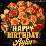 Animated bouquet of orange roses with moving butterfles and golden 'Happy Birthday Aylin' text, surrounded by sparkling accents and a dark backdrop for a luxurious feel.