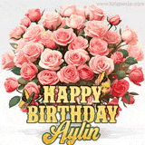 Golden 'Happy Birthday Aylin' text beneath a vibrant bouquet of orange roses, complete with glittering butterflies and sparkling details.