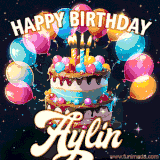 Bright birthday animation for Aylin with a chocolate cake, candles, balloons, and glowing celebratory lights.