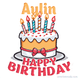 Cartoon birthday cake with a red bow, glowing candles, and 'Aylin Happy Birthday' text in bold animated style.