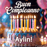 Birthday cake topped with pink and yellow lit candles, surrounded by glowing bokeh lights and party balloons. The greeting 'Buon Compleanno Aylin GIF!' is displayed.