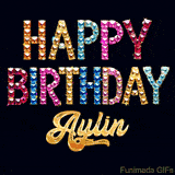 Vibrant luxury birthday greeting card for Aylin, showing glittering gemstone letters and golden calligraphy on a dark background with twinkling shine effects.