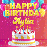 Pink-themed animated greeting with balloons, confetti, and a frosted cake under the message 'Happy Birthday Aylin' in bold rounded yellow font.