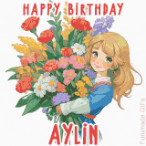 Bright floral birthday animation for Aylin showing a cute cartoon girl with golden hair and expressive eyes holding a huge bouquet, surrounded by birthday text.