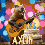 Animated birthday GIF showing a capybara playing guitar and singing beside a birthday cake with the name Aylin in large letters and colorful bokeh lights in the background.