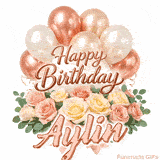 Floral Happy Birthday Aylin GIF featuring blooming roses and floating balloons