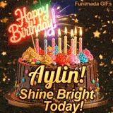 A personalized greeting card for Aylin featuring a chocolate cake with colorful toppings on a sparkly starry background.
