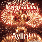 Festive digital animation with gold fireworks and balloon bouquets designed for Aylins birthday.