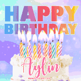 A vibrant animated name GIF with the words 'Happy Birthday Aylin' with colorful candles on a creamy cake. The background sparkles with pastel shades, adding a festive touch.