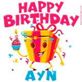A vibrant and funny gift box character with a happy face dancing with a cupcake and the text 'Happy Birthday Ayn,' surrounded by animated confetti and party vibes.