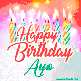 Bright birthday candles with rainbow flames on a cake, alongside the text 'Happy Birthday Ayo' in vibrant script in this celebratory animated GIF.