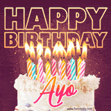 A colorful birthday cake topped with lit candles, with the words 'Happy Birthday Ayo' in bold glowing letters on a burgundy background. Animated flames add a festive touch.