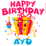 A vibrant and funny gift box character with a happy face dancing with a cupcake and the text 'Happy Birthday Ayo,' surrounded by animated confetti and party vibes.