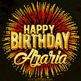 Golden 'Happy Birthday Azaria' text accompanied by animated rainbow fireworks for a festive animated greeting.