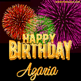 A golden 'Happy Birthday Azaria' message with vibrant fireworks in the background, creating a festive and celebratory vibe in this animated name GIF.