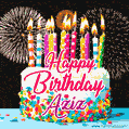 Amazing Animated GIF Image for Aziz with Birthday Cake and Fireworks