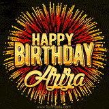 Golden 'Happy Birthday Aziza' text accompanied by animated rainbow fireworks for a festive animated greeting.