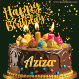 A delightful chocolate birthday cake with bright candles and 'Happy Birthday Aziza' written in gold amidst a shower of animated stars.