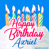 A cheerful animated GIF featuring colorful lit birthday candles on a white cake, with the text 'Happy Birthday Azriel' in bold red and blue script on a bright blue background.
