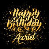 Animated GIF with colorful, festive 'Happy Birthday Azriel' text decorated with patterns, a party hat, and falling confetti. A vibrant and cheerful design for birthday celebrations.