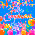 A vibrant animated GIF with 'Feliz Cumpleaños Azriel' written in colorful script, surrounded by balloons, confetti, and bunting on a bright blue background.